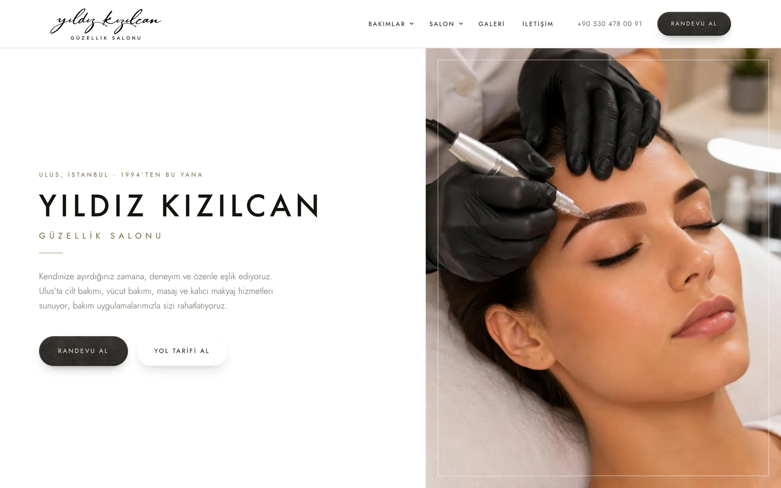 The salon's website, desktop homepage